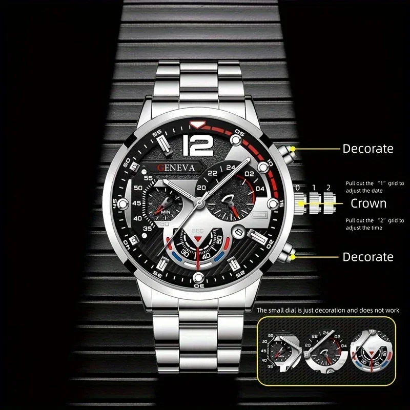 Fashion Men's Business Calendar Stainless Steel Quartz Wristwatch & Bracelet Set