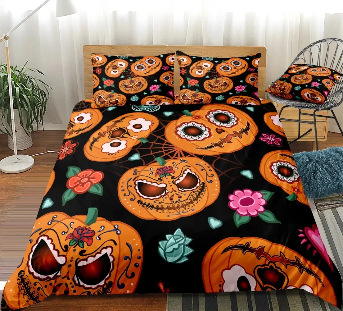 Happy Halloween King Queen Duvet Cover Orange Pumpkin Bedding Set Boys Teens Adults Bats Horror Festival Polyester Quilt Cover