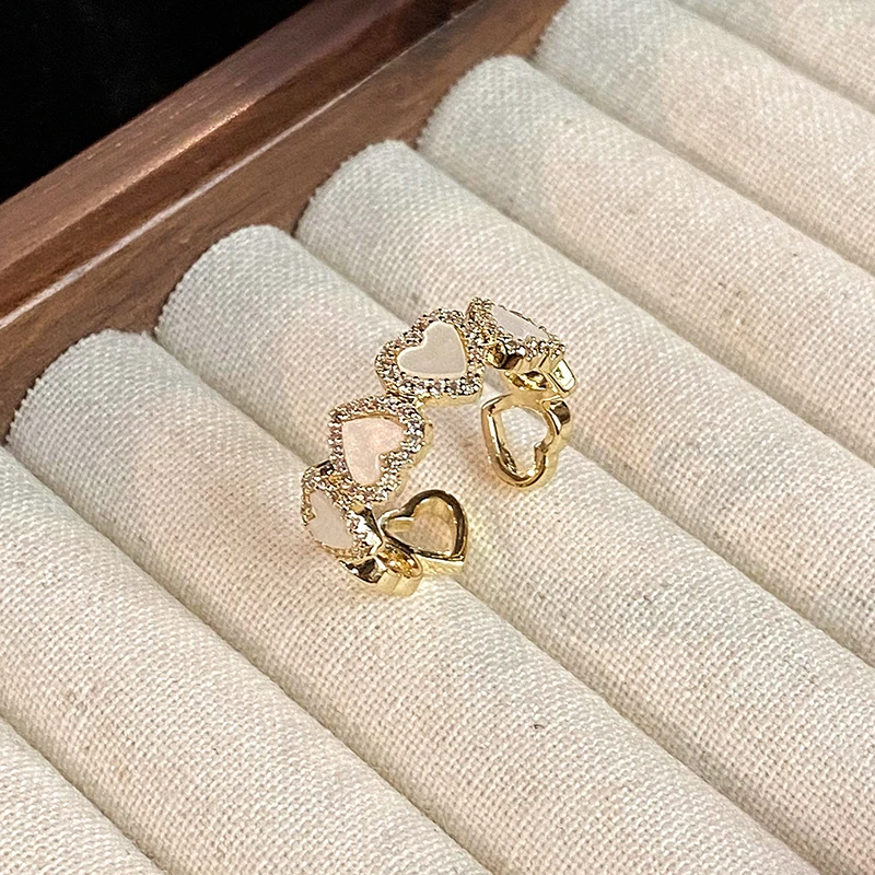 Girl\'s Sweet Imitation Shell White Heart Shaped Micro Set Zircon Open Ring 2024 Party For Women\'s Fashion Jewelry Accessories
