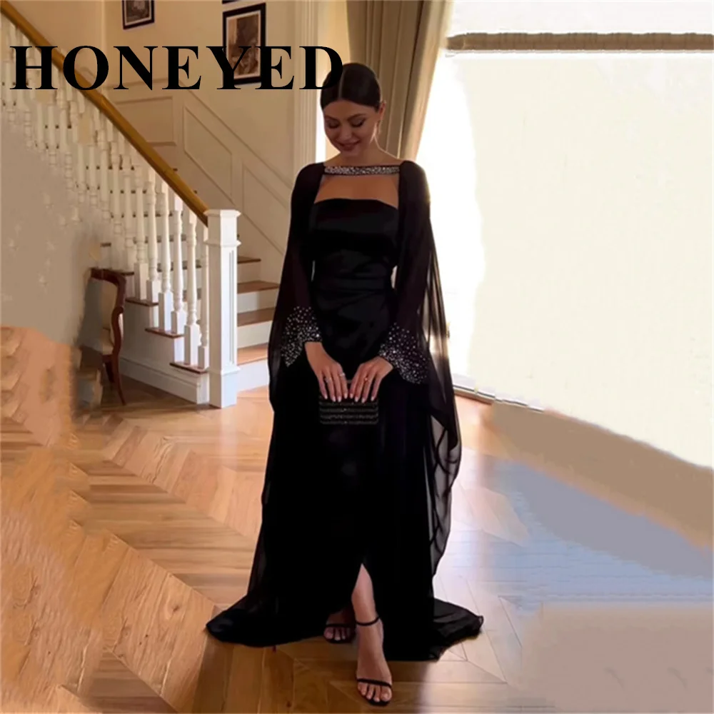 HONEYED Beads Luxury Formal Evening Dress Black Strapless Evening Dresses With Shawl Strapless Floor-Length Women Party Gowns