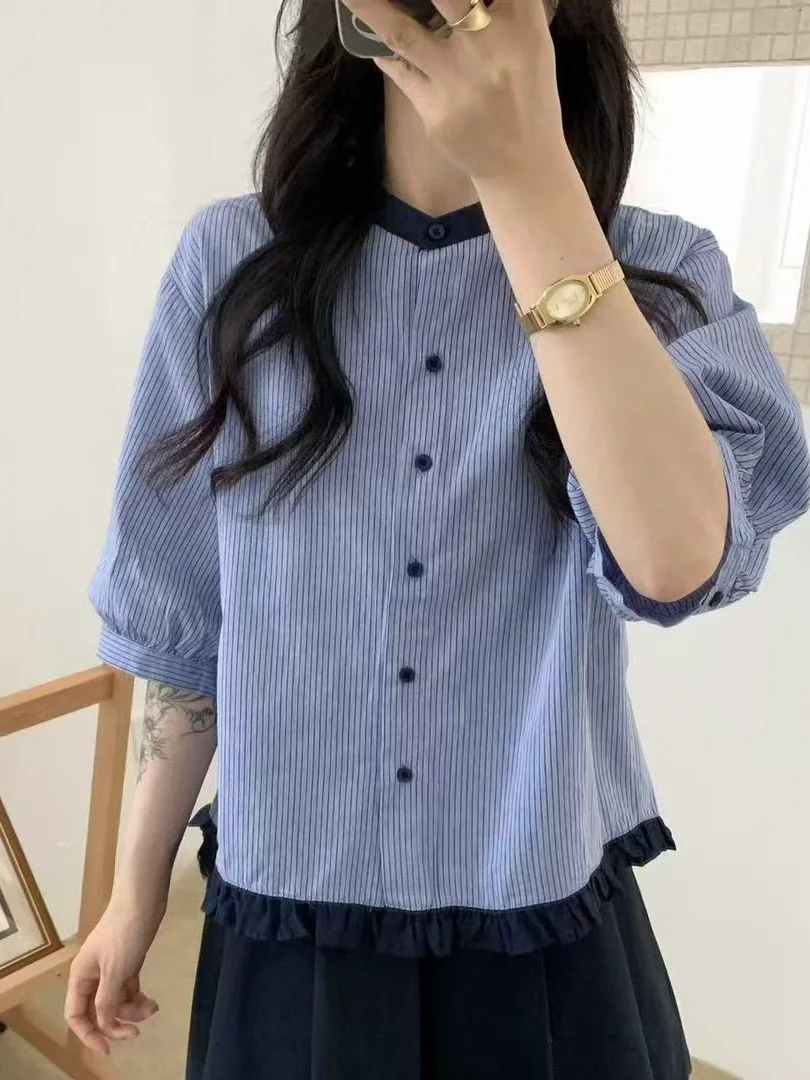 

plus Size 300 Pounds Women's Shirt Korean Style Striped Splicing Wood Grain round Neck Short Sleeve Top Trendy Summer