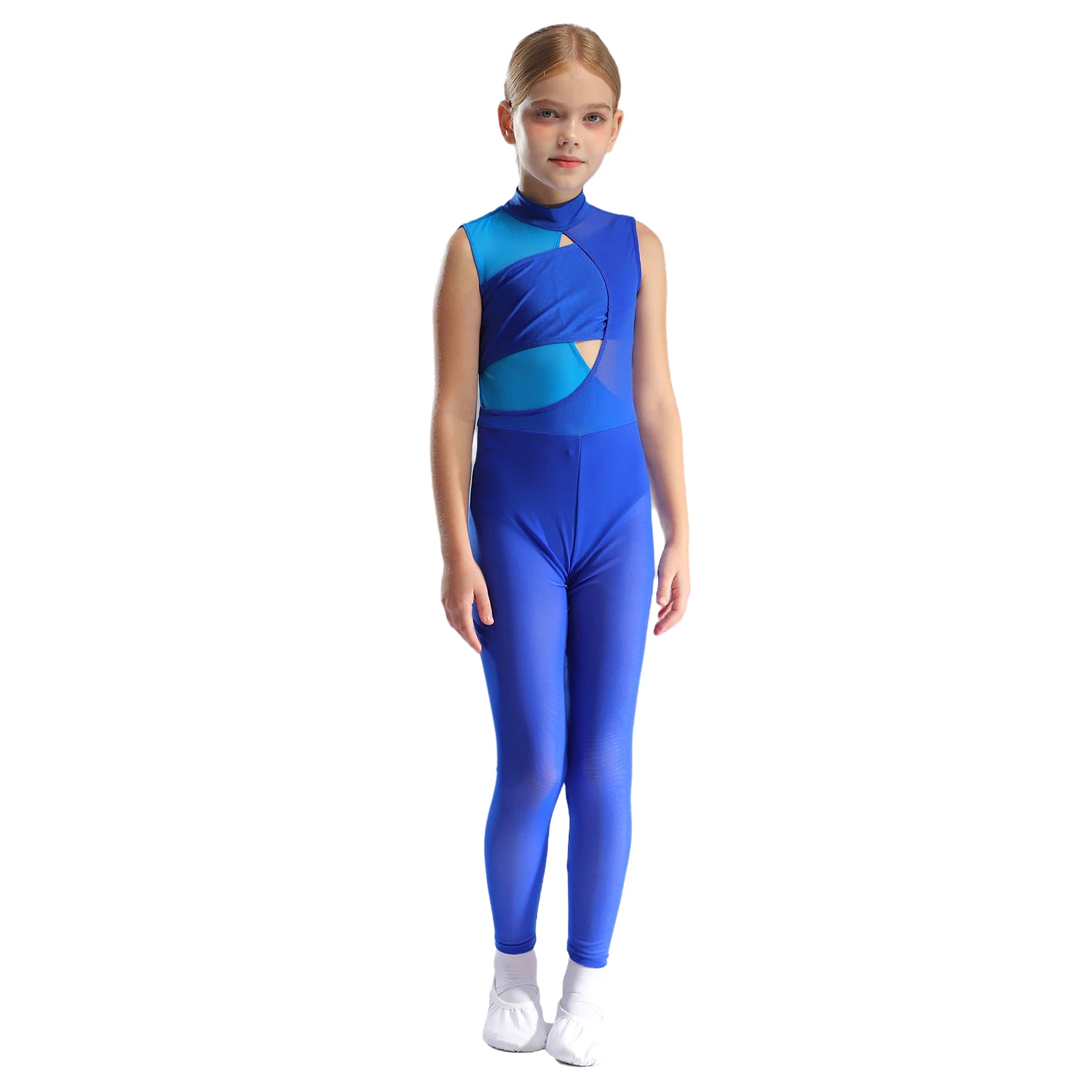 Kids Girls Color Block Patchwork Mesh Jumpsuit Mock Neck Sleeveless Cutout Bodysuit Gymnastics Acrobatics Yoga Workout Rompers