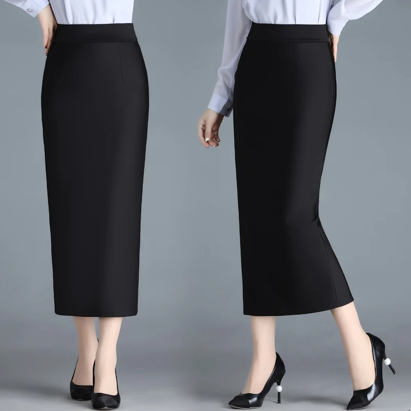 Stretch Pencil Skirts for Women, Office Lady, Formal Black Midi Skirts, Elegant Female Package Hip Skirts, Spring and Autumn