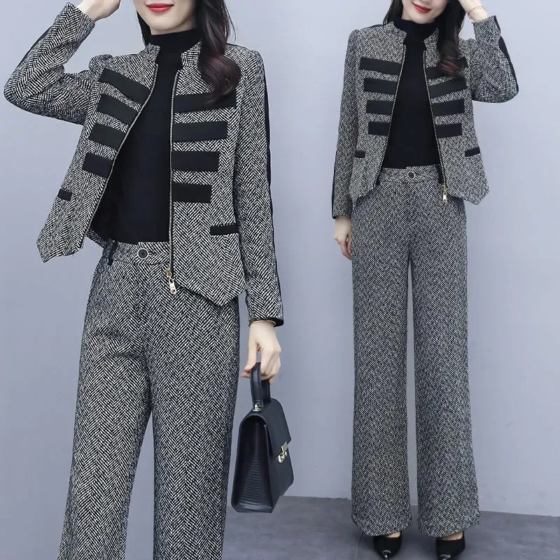 2025 Autumn New Suit For Women Set Western Short Coat Wide Leg Pants Two Piece Set Women's Woolen Set Korean Fashion Woolen 2PCS