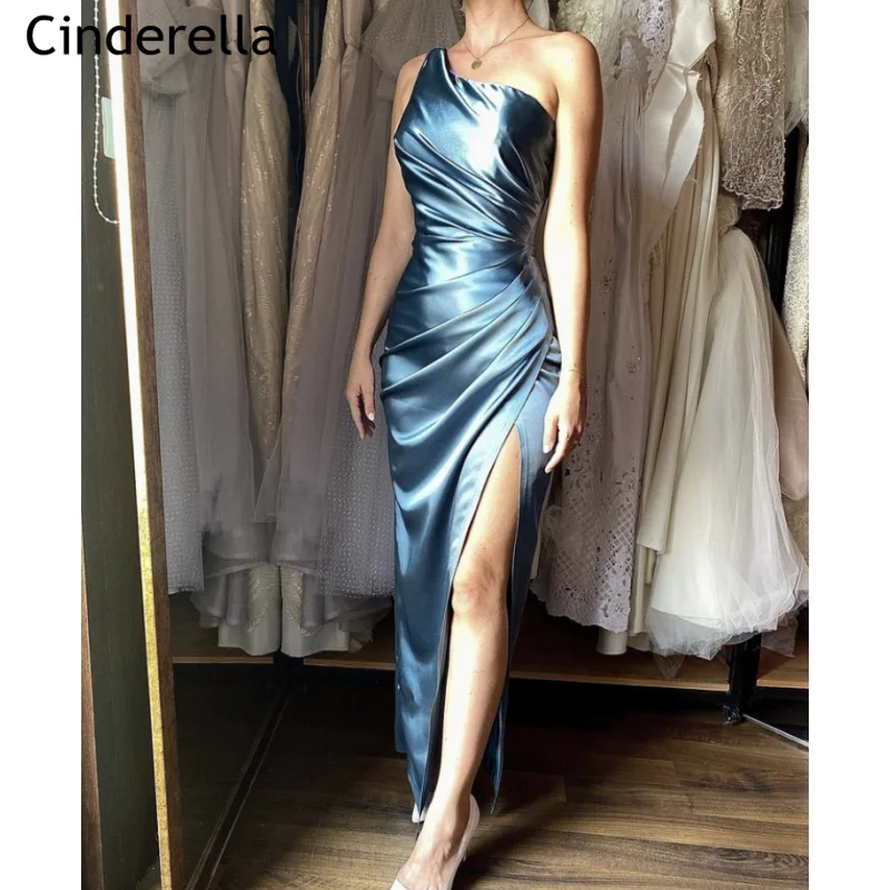 One Shoulder Prom Dresses Fashion Mermaid Side Slit Satin Prom Dresses With Lace Up Back vestidos de fiesta de noche Newest