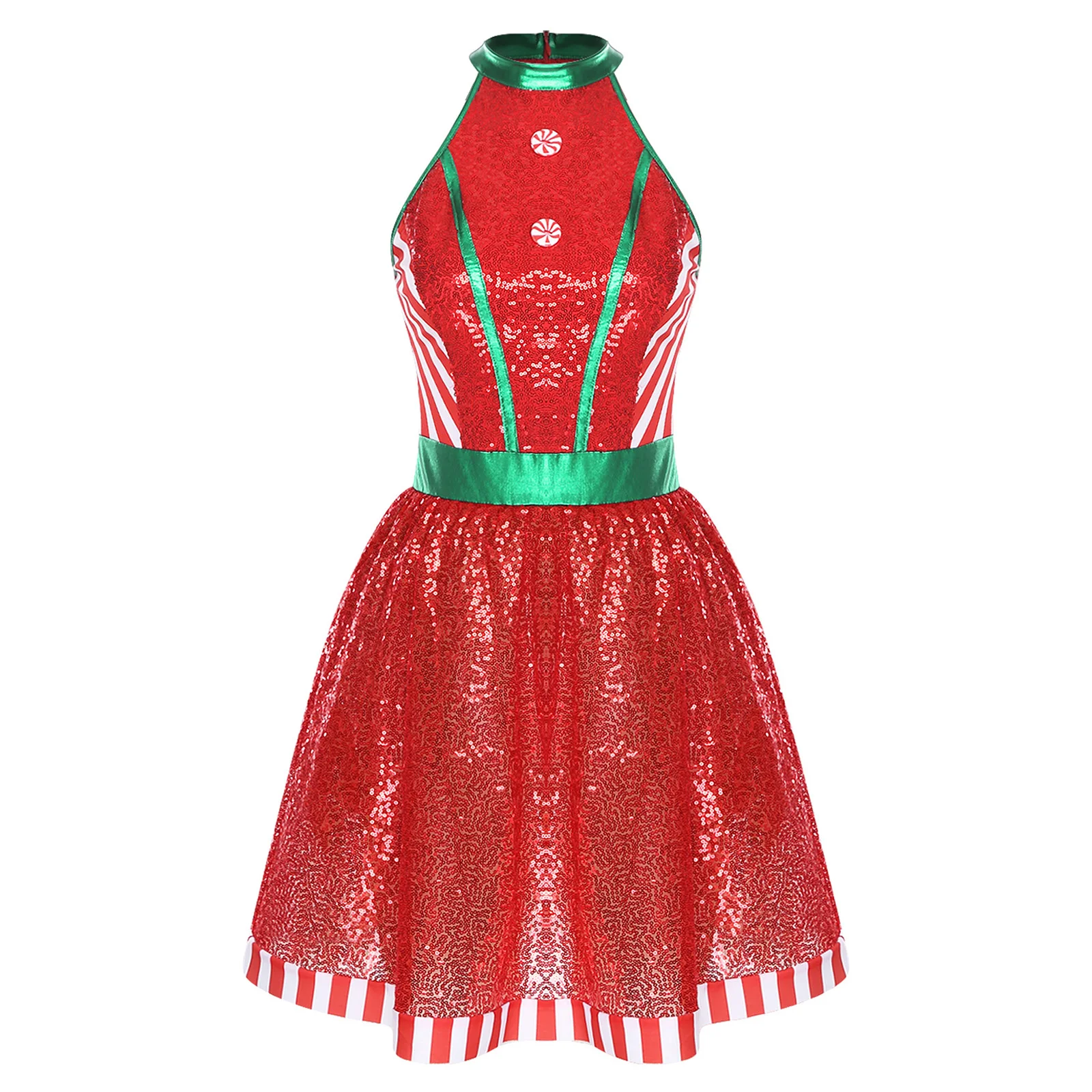 Costume da festa di Natale da donna, scollo all'americana, senza maniche, cerniera invisibile, blocco di colore, paillettes lucide, abito in tulle, abiti natalizi