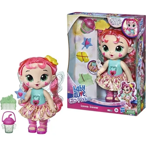 Baby Alive Glo Pixies is full of magic glitter fun! Pretend to feed Siena Sparkle doll to discover her colorful glow.