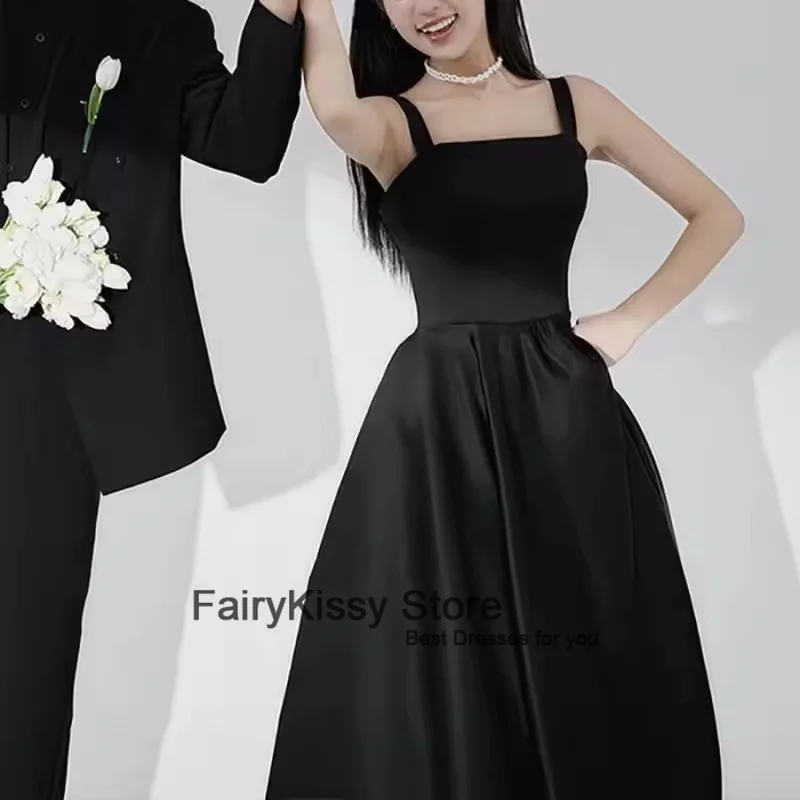 FairyKissy Maßgeschneiderte A-Linie Ballkleider Mode Spaghettiträger Langes Brautkleid Schwarz Satin Einfache Elegante Vestidos De Novia
