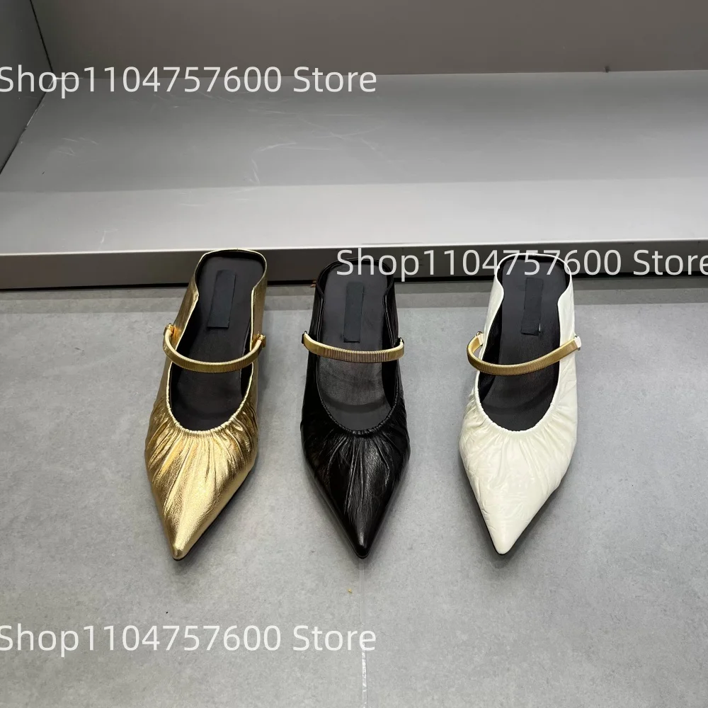 Women's Ruched Leather Pointed Toe Kitten Heel Mules Shoes Vintage Gold-Tone Metal Strap Elegance Ladies Classic Office Slippers