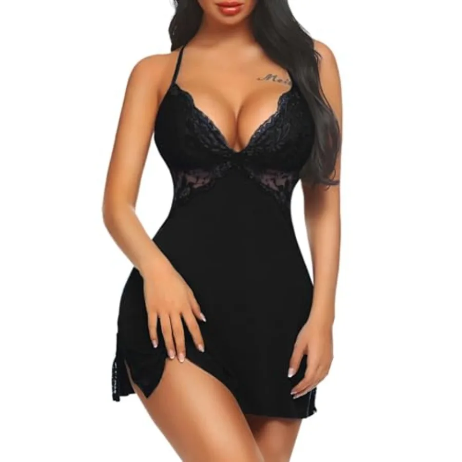

Women Lingerie Modal Lace Side Slit Chemise Sleepwear Babydoll Teddy Lingerie