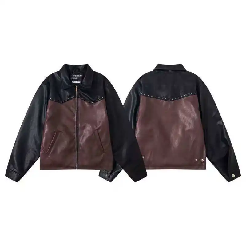 

Men's Fce Lined PU Leather Jaet Rivet Splicing Windproof Vintage Sle Long Sve Zipper Closure No Hat Casual Coat