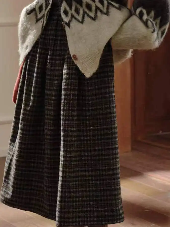 

Retro Plaid plus Size Women's Loose A-Line Skirt Design Sensation Slimming Versatile High Waist Long Cotton Casual Skirt