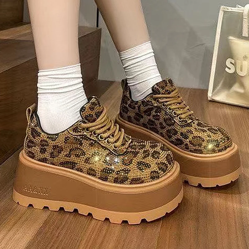 

Luxurious Rhinestone Women's Shoes Leopard Lace-up Fashion Motorcycle Boots Thick Soled Lightweight High Street Mujeres Sneaker