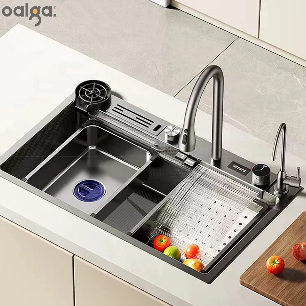 

Kitchen Sinks 304 Stainless Steel Sink Large Single Basin Multifunction LED Waterfall Faucet Above Counter Sinks Все Для Кухни