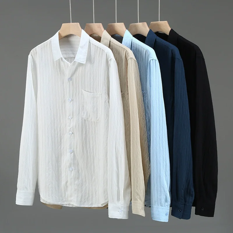 Sunscreen Lightweight Luxury Shirts For Men Long Sleeve Stretchy Summer Quality Viscose Polyamide Blend Casual Camisas De Hombre
