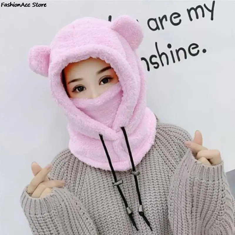 Cute Winter Earflaps Plush Bear Ears Hats adult Warm Mask for Outdoor Women Bonnet Hood