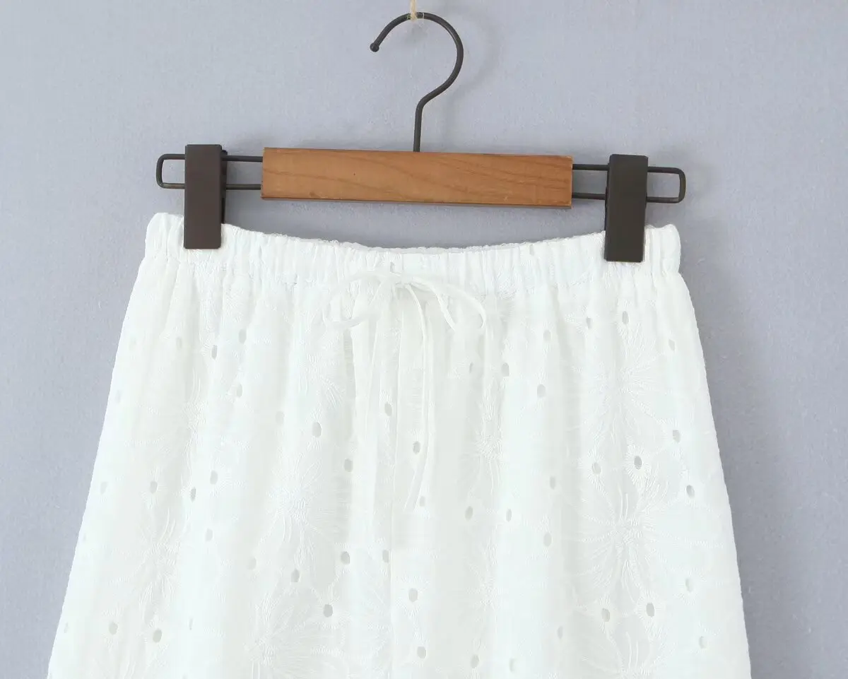 Dave&Di Summer Trousers French Country Embroidery Hollow Cotton Straight Pants High Waist Bohemian Casual Pants Women