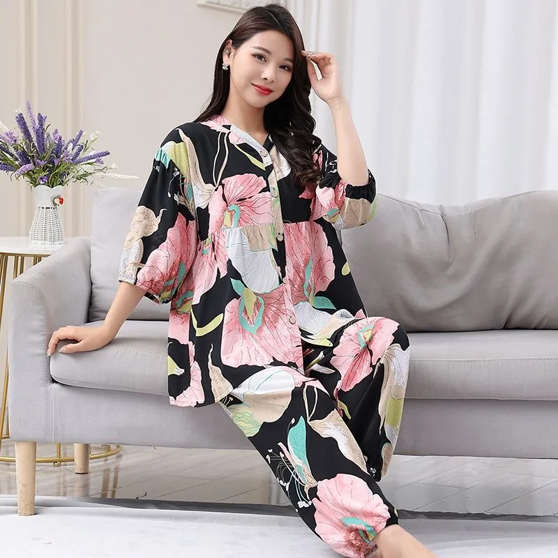 New women Cotton Silk Pajamas Summer Thin Cropped Sleeve Home Clothes Cardigan Air Conditioning Suit Chinese Style Sleepwear