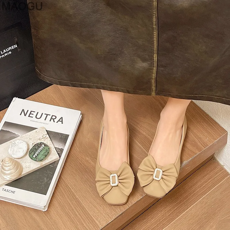 French Flats Damen-Pumps mit klobigem, niedrigem Absatz und weicher Sohle, vielseitige Schleife, lässige Mokassins für Damen, bequeme Schuhe, Slip-on-Schuhe