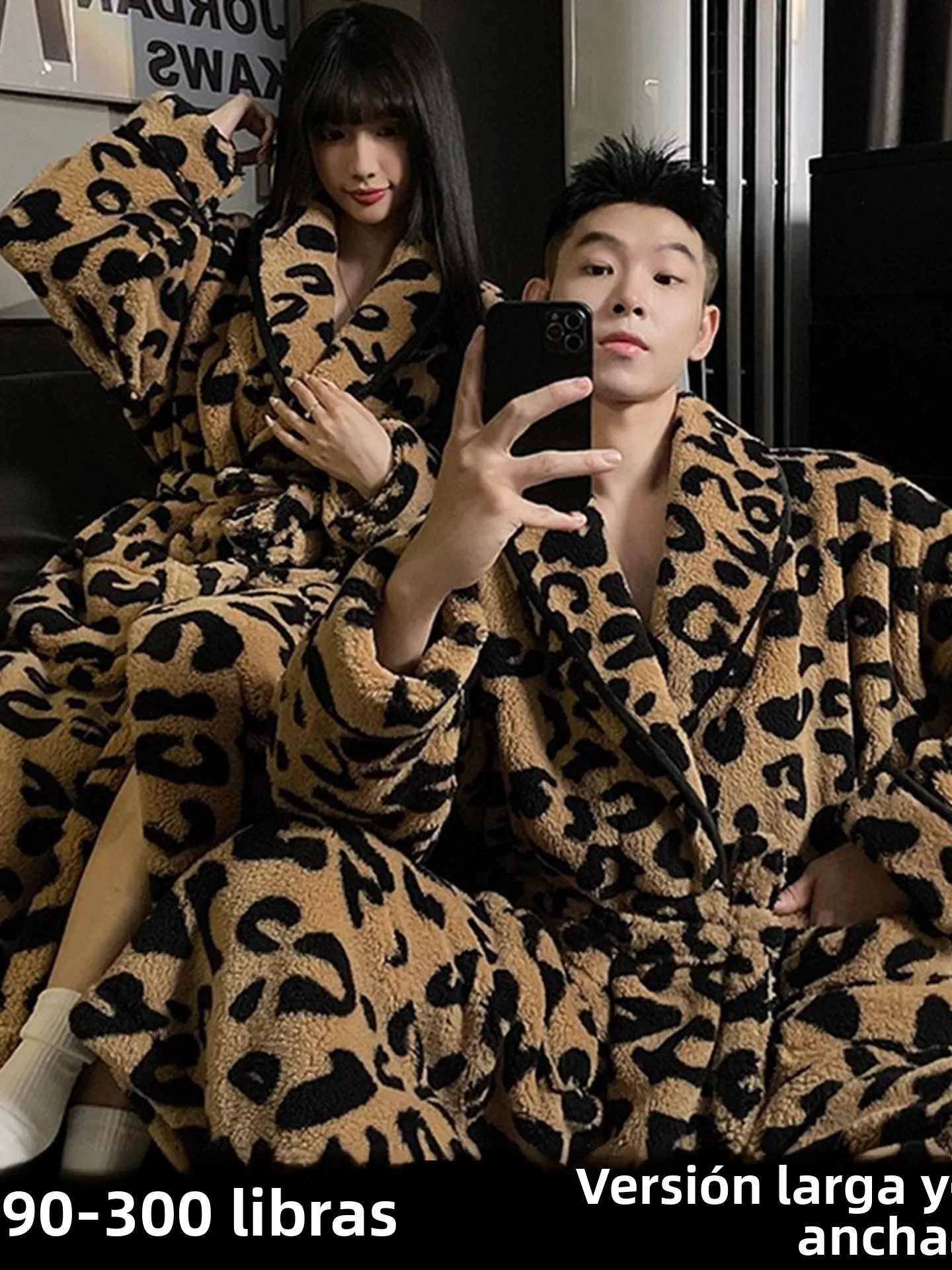 Bata de dormir con estampado de leopardo para hombre, talla ande, 300 libras, pijama de forro polar coral ueso, bata de b...