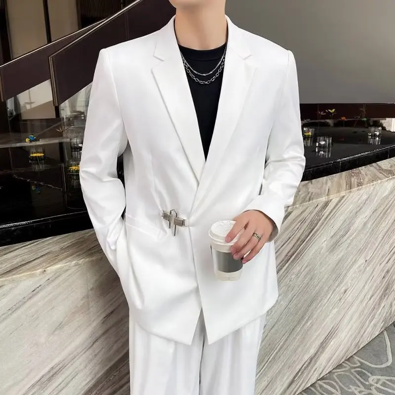 

Spring White Men's Suit Jaet Personali Metal Lo Design Casual Korean Sle High-End Feelings West Coat Long Sve