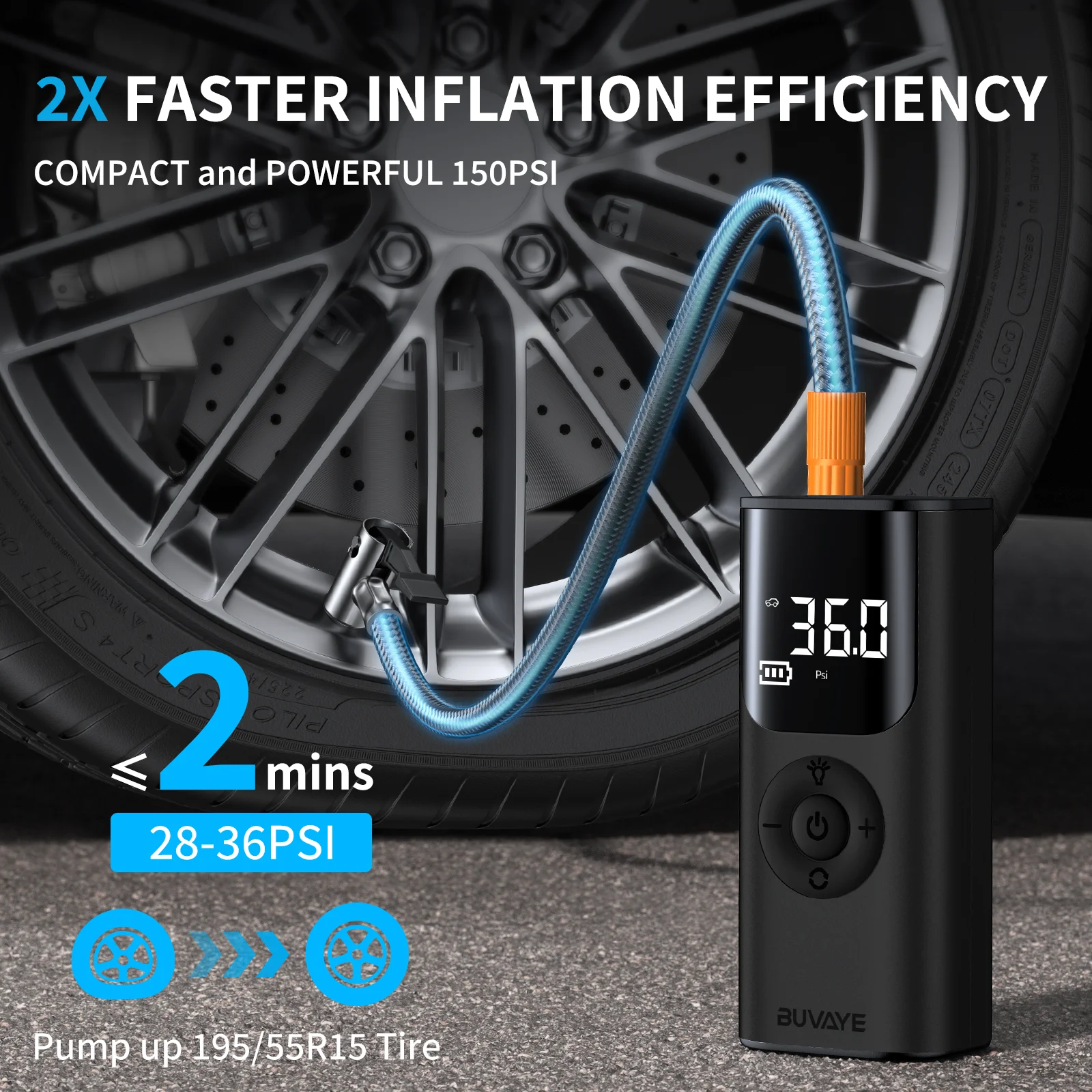 BUVAYE Car Inflator Tire Pump Portable Air Compressor 150 PSI CordlessTire Pump Air Pump for Car Motorcycle Bicycle Tires