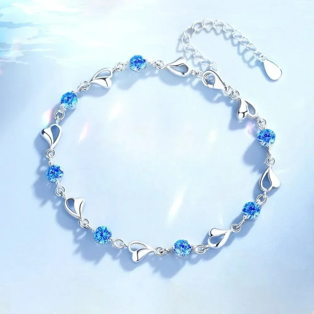 Cute Romance The Heart of The Ocean Stainless Steel Stereo Heart Blue Crystal Bracelet  for Women Charm Bride Jewelry Gifts