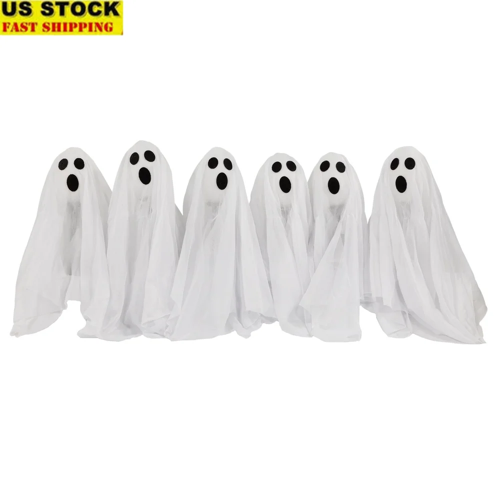 

LED Lighted Ghost Pathway Markers Set of 6 Halloween Lawn Stakes Warm White LED Lights Easy Install Outdoor Decor