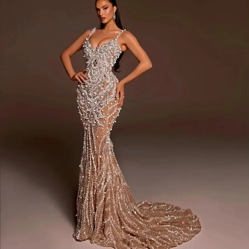 Champagne Wedding Dresses Black Girls Spaghetti Straps Lace Pearls Dubai Saudi Arabia Bridal Gown Vestido De Noiva Customized