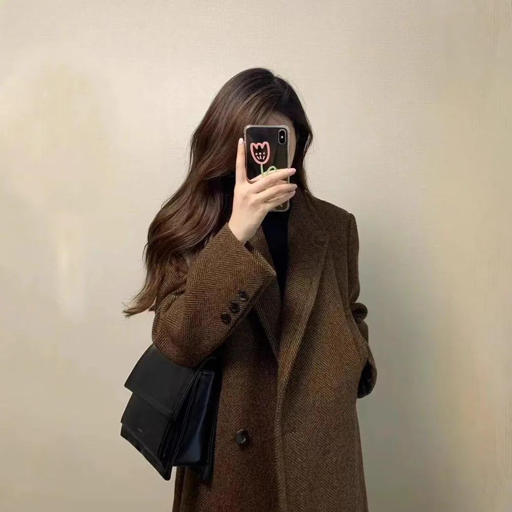 Wome Blend Coat 2025 Autumn Winter New Women's Herringbone Wool Coat Thickened Long Trench Coat Warm Outerwear