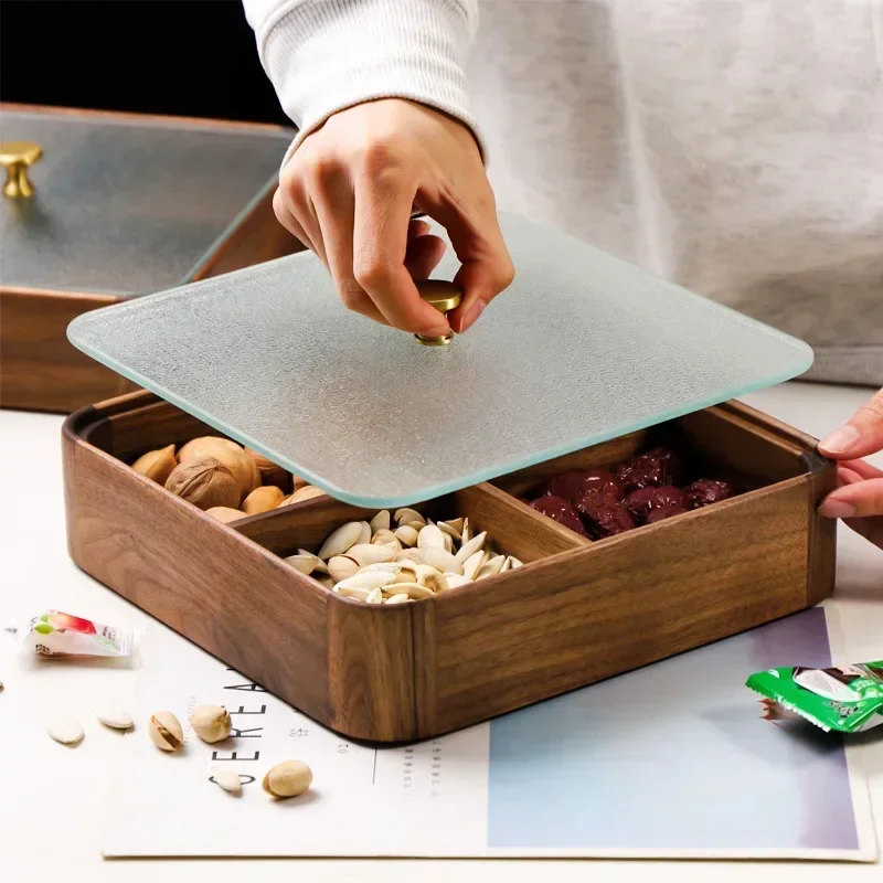 Walnut dried fruit box solid wood candy box household coffee table snack tray compartment storage box