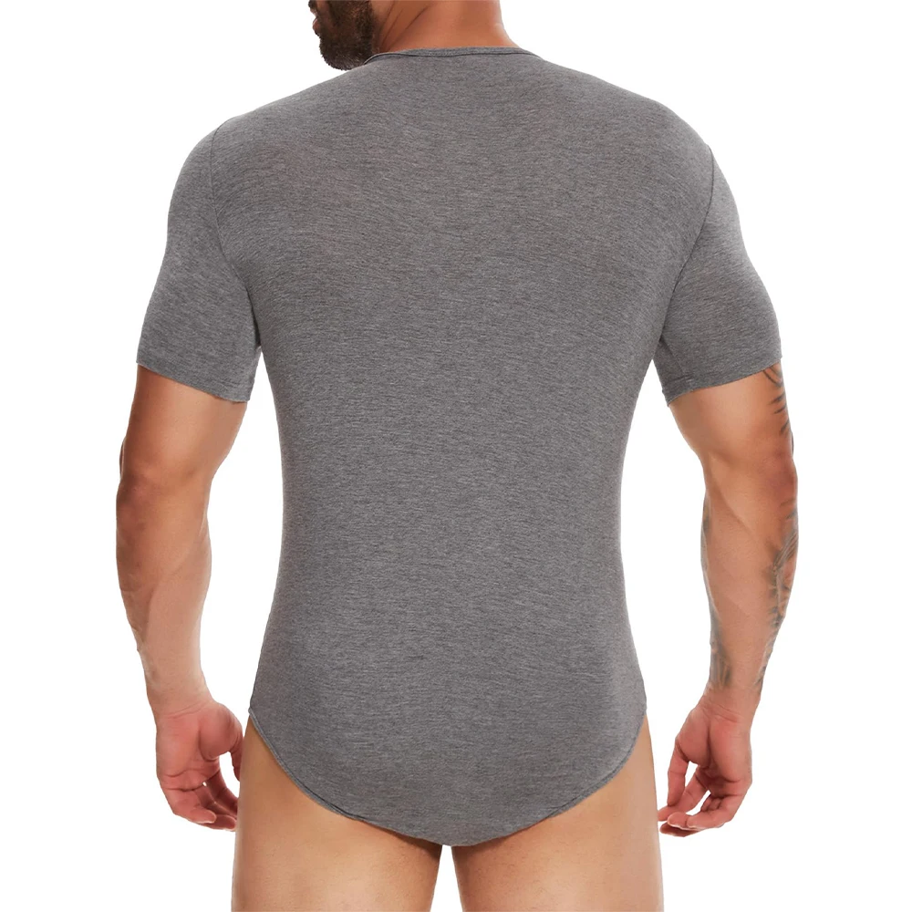 Men Short Sleeve Bodysuit Press Botton Crotch Shirt Pajamas Bodysuit Undershirts Leotard Top image 5