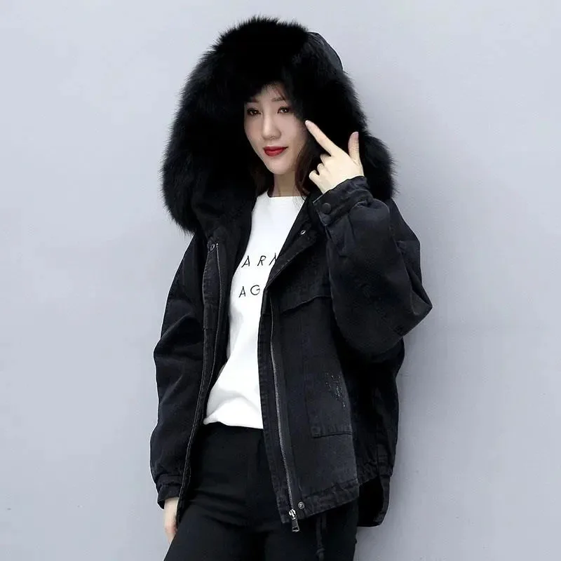 

Autumn Winter Denim Coat Women Thickening Plush Warm Denim Jacket New Black Cowboy Overcoat Female Loose Jeans Coats