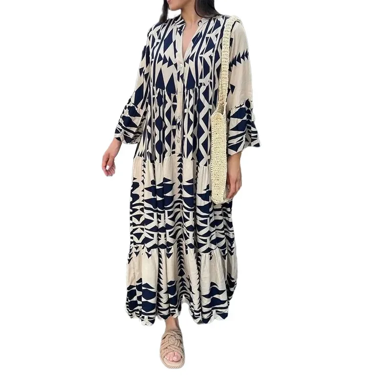 Women's New Autumn Fashion Temperament Print Loose Shirt Dress Long Sleeve Stand Collar Geometric Pattern Pleated Dress Vestidos