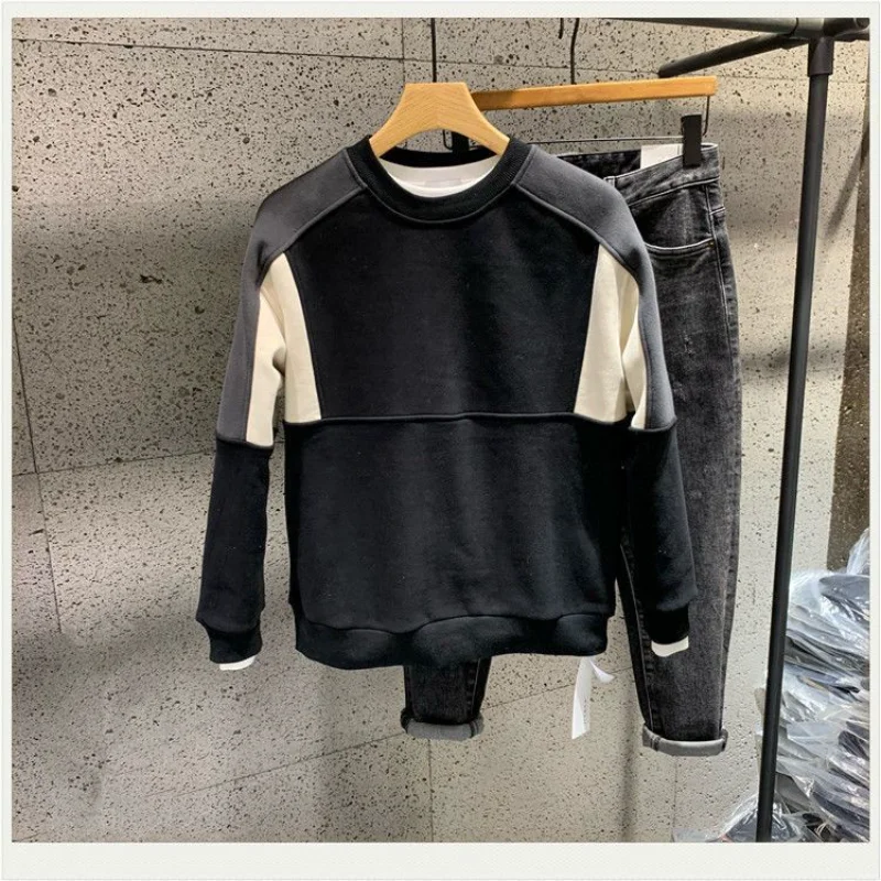 Color Blocked Hoodie Men's New Spring Korean Version Fashionable Off Shoulder Casual Pullover with Bottom and Top