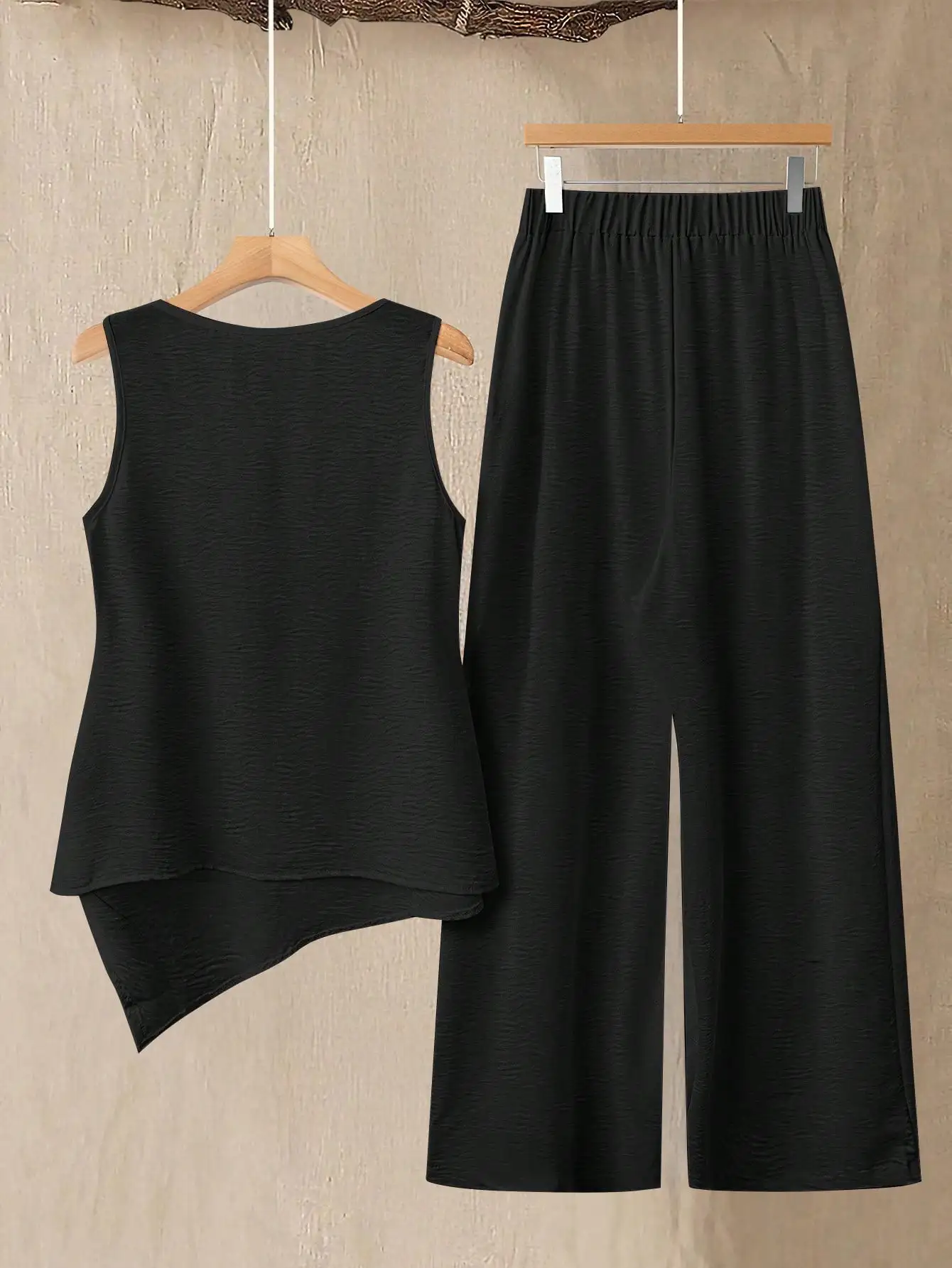 

2pcs Women Solid Color Asymmetrical Hem Sleeveless Top And Wide Leg Pants Casual Set