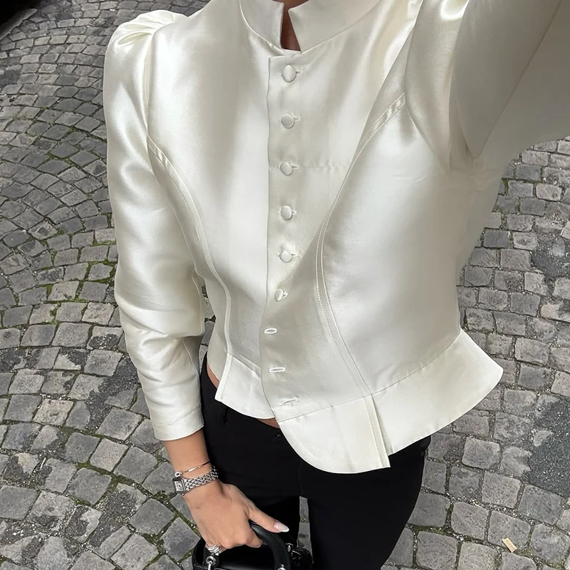 

Typhaland женская короткая куртка для поездок на работу, элегантная атласная куртка на пуговицах с длинными рукавами, тонкая верхняя одежда, женская праздничная куртка 2026, новинка весны