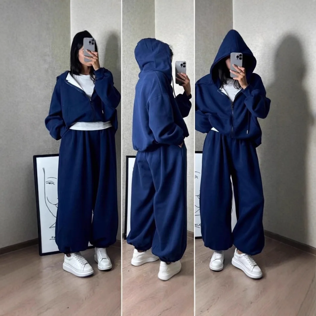 

Свободный женский комплект спортивной одежды, повседневная толстовка с капюшоном из двух предметов, весна-осень, большие размеры, удобная модная