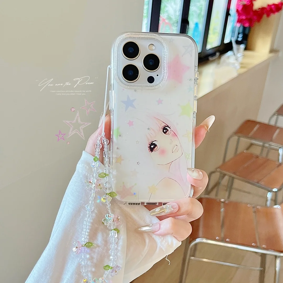 

Super Gentle The white hair Girls lovely Phone Phonease For iPhone 13 14 15 16 Pro Max Plus Flowers Bracelet Soft Cover