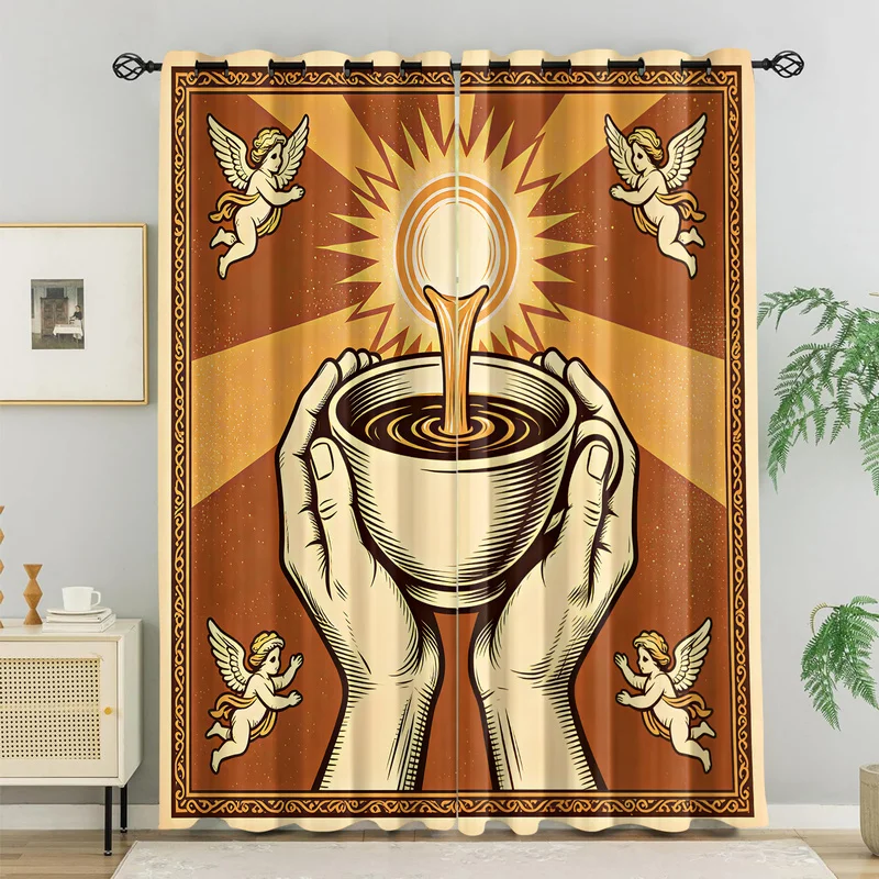 Vintage Sacred Coffee Curtain Golden Sunburst Angel Hands Holding Coffee Cup Print Window Drape Fashion Home Window Curtains