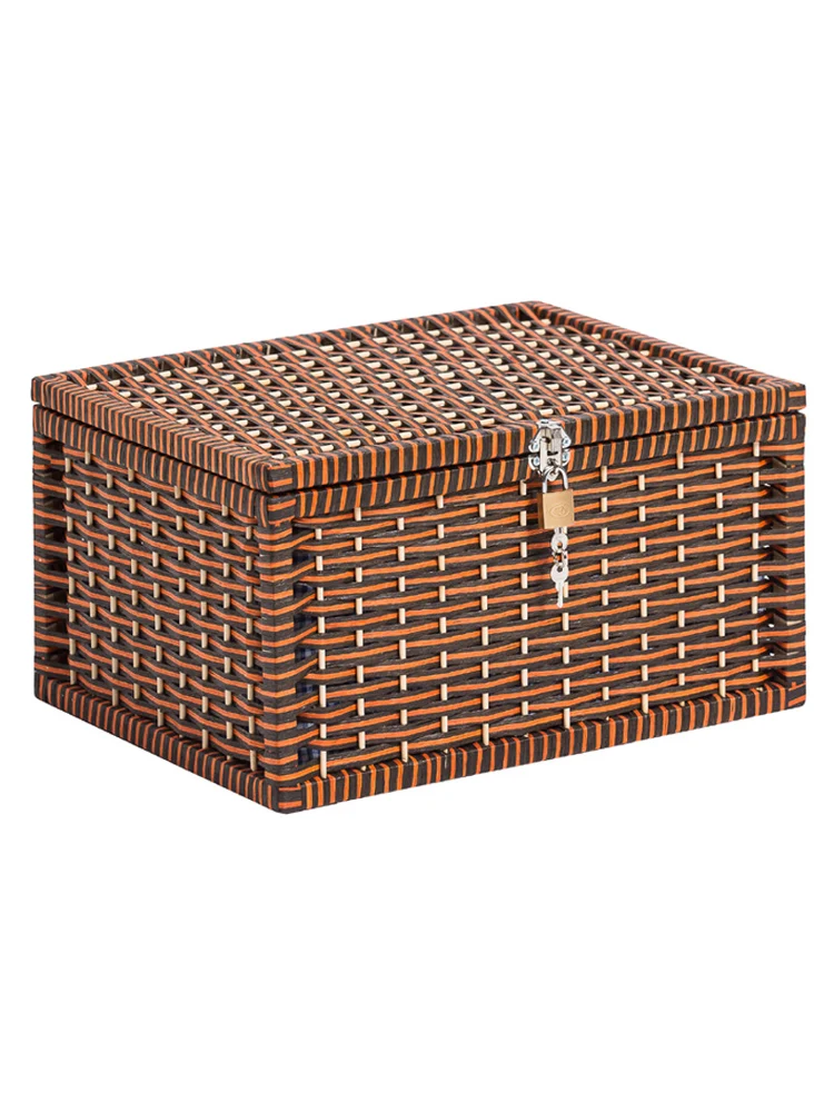 

Большой запираемый ящик для хранения из плетеного ротанга с крышкой, в деревенском стиле, для дома, общежития, органайзер для закусок