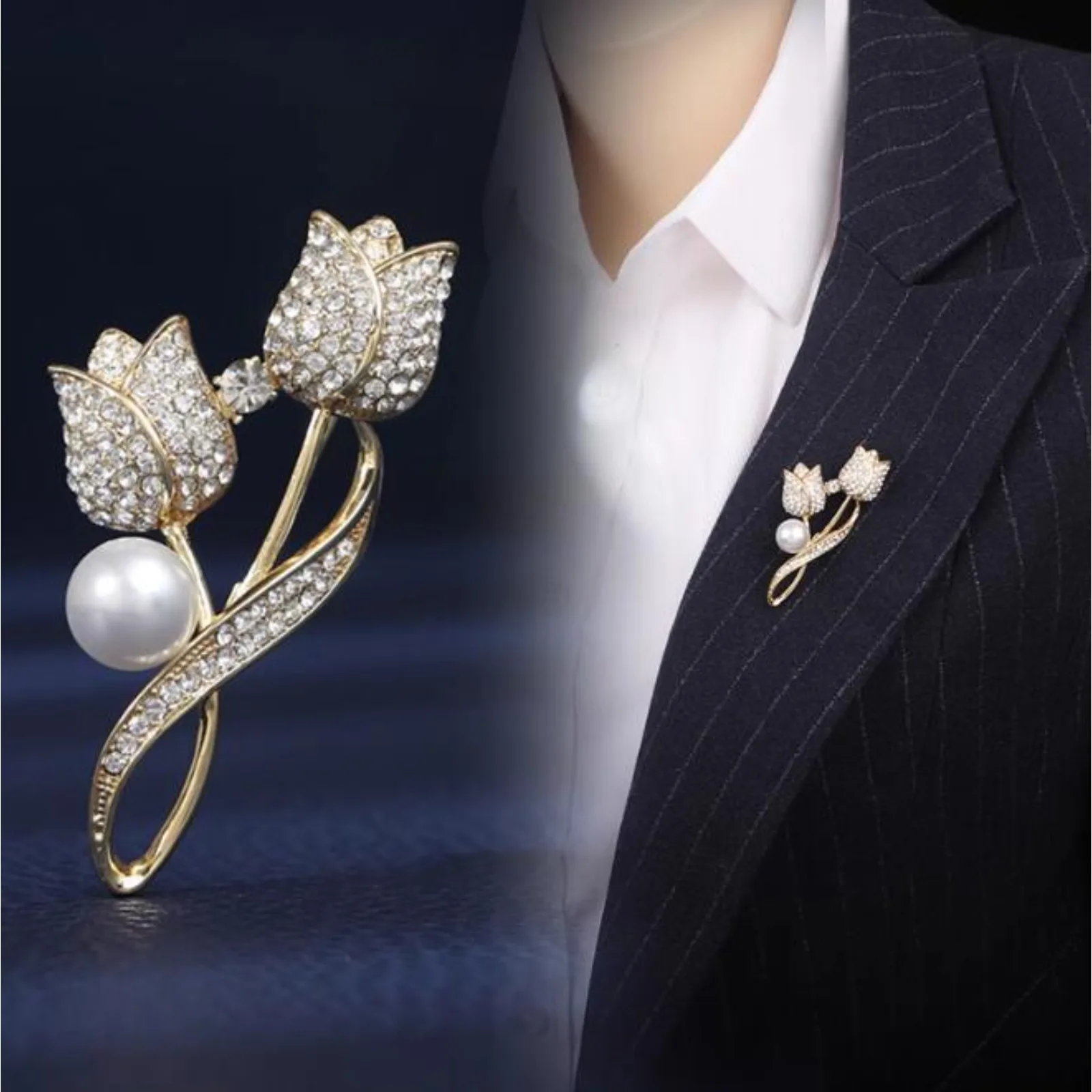 Golden Tulip Flower Imitation Pearl Brooch Shiny CZ Full Of Rhinestone Women's Brooches Metal Pins Party Badge Jewelry Gifts