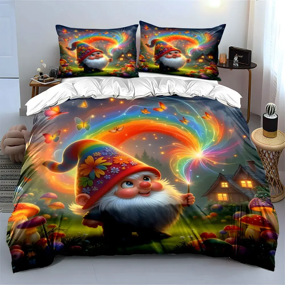 3Pcs Magical Gnome Bedding Set, Rainbow Gnome with Wand and Mushrooms Print Duvet Cover + 2 Pillowcases, Whimsical Kids Decor