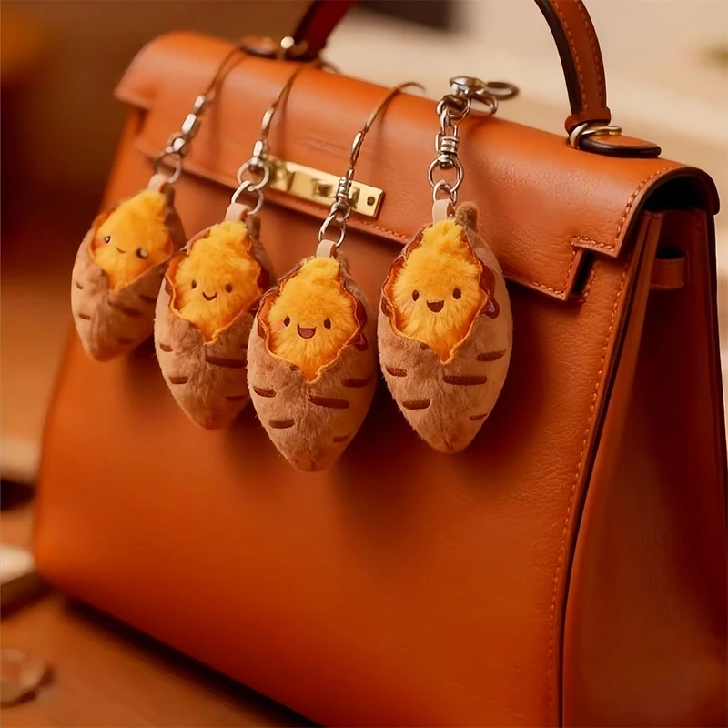 Kawaii Roasted Sweet Potato Keychain, Cute Plush Bag Charm for Girls, Soft Cartoon Pendant for Backpack & Gift