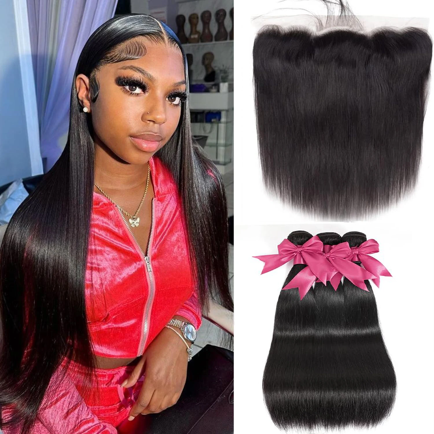 

Peruvian Straight Human Hair Bundles with Frontal Bundles with 13 * 4 Free Part Ear to Ear Lace Frontal 100% Unprocessed Hair