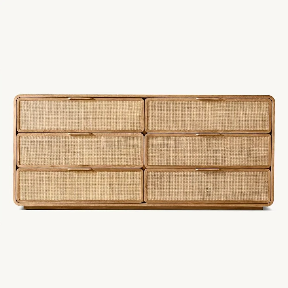 Modern Luxury French 6-Drawer Dresser Oak Woven Cane Panels Victorian Midcentury for Bedroom Warehouse Home Furniture