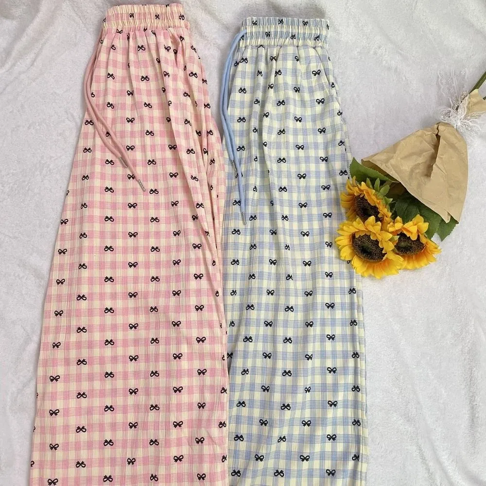 

Fashion Stripe Plaid Bowknot Pajama Pants Sweet Bow Sleepwear Pants Women Homewear Thin Casual Trousers Spring Autumn