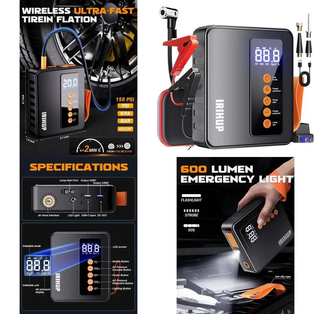 

6000A Jump Starter with Air Compressor, Portable Car Battery Booster (Up to 10L Gas/9L Diesel), 150PSI Tire Inflator, Hand Draws