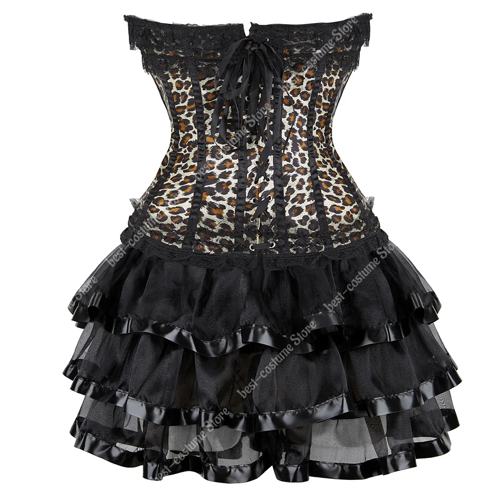 Burlesque Corset Dress for Women Leopard Print Corset Bustier Top Sexy Lace Corset Lingerie Dress Vintage Leopard Outfits