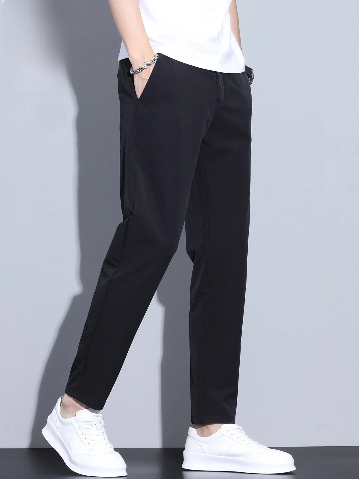 

Мужские летние тонкие брюки из ледяного шелка, зауженные, повседневные, модные, эластичные, молодежные, для активного отдыха, не мнущиеся